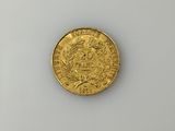 a close up of a gold coin on a white surface