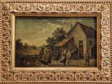 tableau représentant une scène de village avec un homme et une femme devant une maison