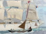 painting of a sailboat in the ocean with a large ship in the background