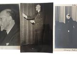 trois photos en noir et blanc d'un homme en costume-cravate