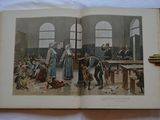 an open book with a picture of a court scene in it