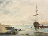 une peinture représentant un bateau sur l'eau, près d'une rive