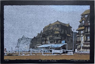 une photo d'un tableau représentant un bâtiment sur la plage