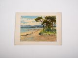 a picture of a painting of a beach and trees