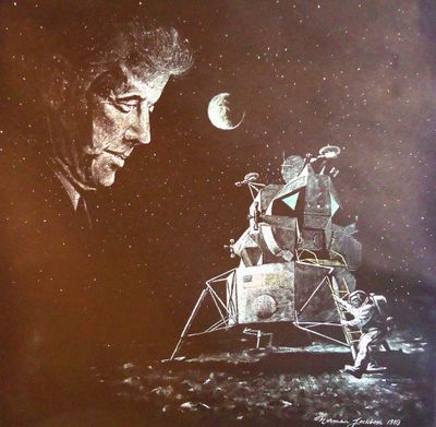 tableau représentant un homme sur la Lune regardant un autre homme sur la Lune