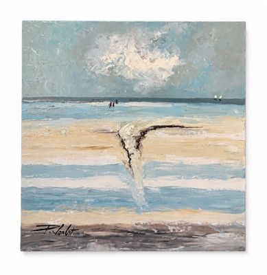 an oil painting of a person on a surfboard in the ocean