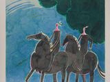 trois chevaux qui se tiennent devant un arbre