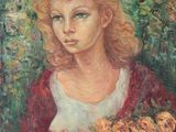 un tableau représentant une femme tenant un bouquet de fleurs