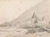un vieux dessin représentant un château au bord d'une rivière, avec une montagne en arrière-plan
