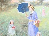 a painting of a woman and a child in a field with an umbrella