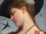 portrait of a lady in a black hat and red dress
