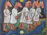 painting of five pigs in white robes standing in front of a full moon