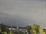a painting of a view of a town from a hill