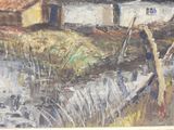a painting of a house by the water in the country
