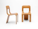 an image of two wooden chairs sitting next to each other on a white surface