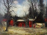 an oil painting of a red barn in a field next to trees