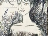 dessin représentant une femme en robe noire debout devant un palmier