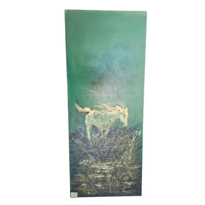 tapis de yoga orné d'une image représentant un cheval blanc dans un champ