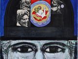 painting of a man wearing a hat with a picture of a man ' s face on it