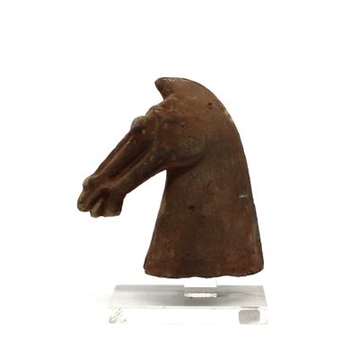 statue représentant une tête de cheval posée sur un socle en acrylique transparent