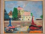 a painting of boats in a harbor with a house in the background