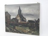 an oil painting of a church with a steeple in the background