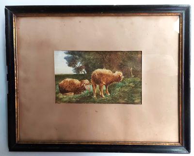 tableau représentant deux vaches dans un champ, avec des arbres en arrière-plan