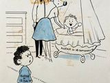 un dessin représentant un bébé dans un berceau, avec un homme et une femme