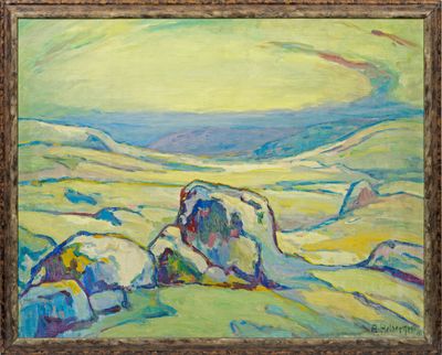 une peinture à l'huile représentant un paysage de montagne avec des rochers au premier plan