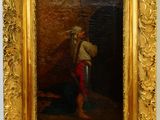 une peinture à l'huile représentant un homme muni d'une épée, dans un cadre doré