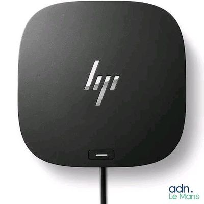 the hp logo is shown on the side of a black device