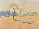 une image représentant un tableau d'un champ avec du foin et des arbres
