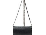a black leather shoulder bag with a chain strap