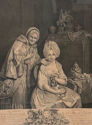 a drawing of two women sitting in a room