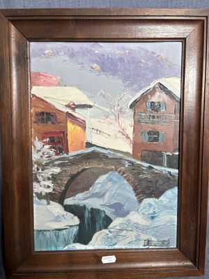 une photo d'un tableau représentant une maison sous la neige