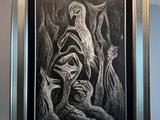 tableau représentant un homme et une femme dans une grotte, avec un oiseau posé sur l'épaule de l'homme