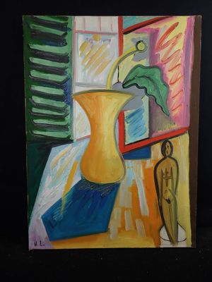 a painting of a yellow vase with a green plant in it