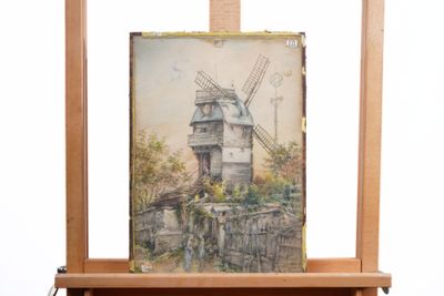 a picture of a painting on a easel with a windmill in the background