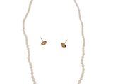 a close up of a necklace and earrings on a white background