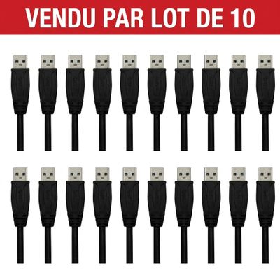 un lot de 10 câbles USB noirs sur fond rouge et blanc