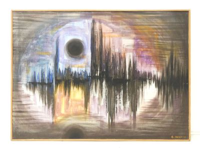 painting of a black hole in the sky over a city