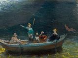 a painting of a group of people in a boat on the water