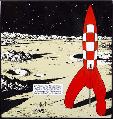 a picture of a cartoon of a rocket on the moon