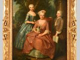 une peinture à l'huile représentant trois femmes et un homme assis dans un parc