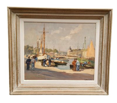 une image représentant un tableau représentant une scène de port avec des personnes et des bateaux
