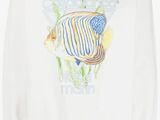 a white sweatshirt with an image of a fish on it