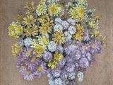 a painting of flowers in a vase on a burlock cloth