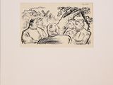 a black and white drawing of two people sitting at a table