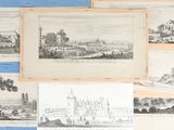 plusieurs dessins représentant un château et d'autres bâtiments sur fond bleu