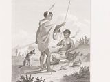 an old black and white drawing of a man holding a sword